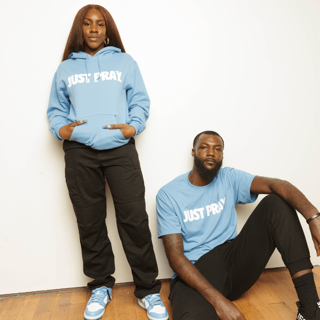 CLASSIC "JUST PRAY" HOODIE (CAROLINA BLUE/WHITE) - Just Pray Brand